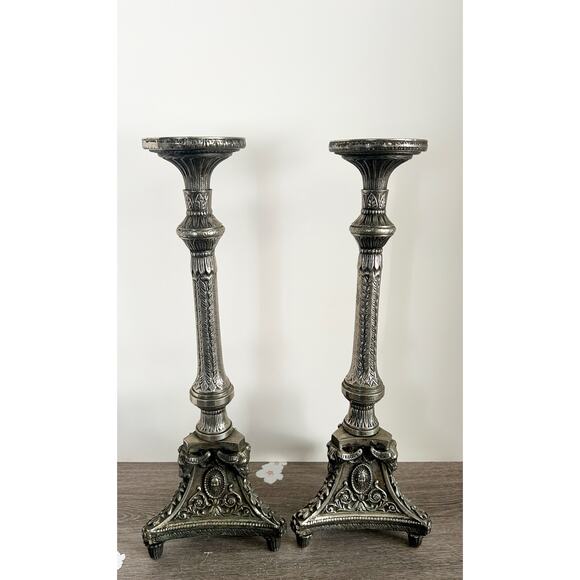 VINTAGE Silver Tone Metal Ornate Idol Ritual Candle Stick Pair 18" Tall INDIA - Picture 6 of 11